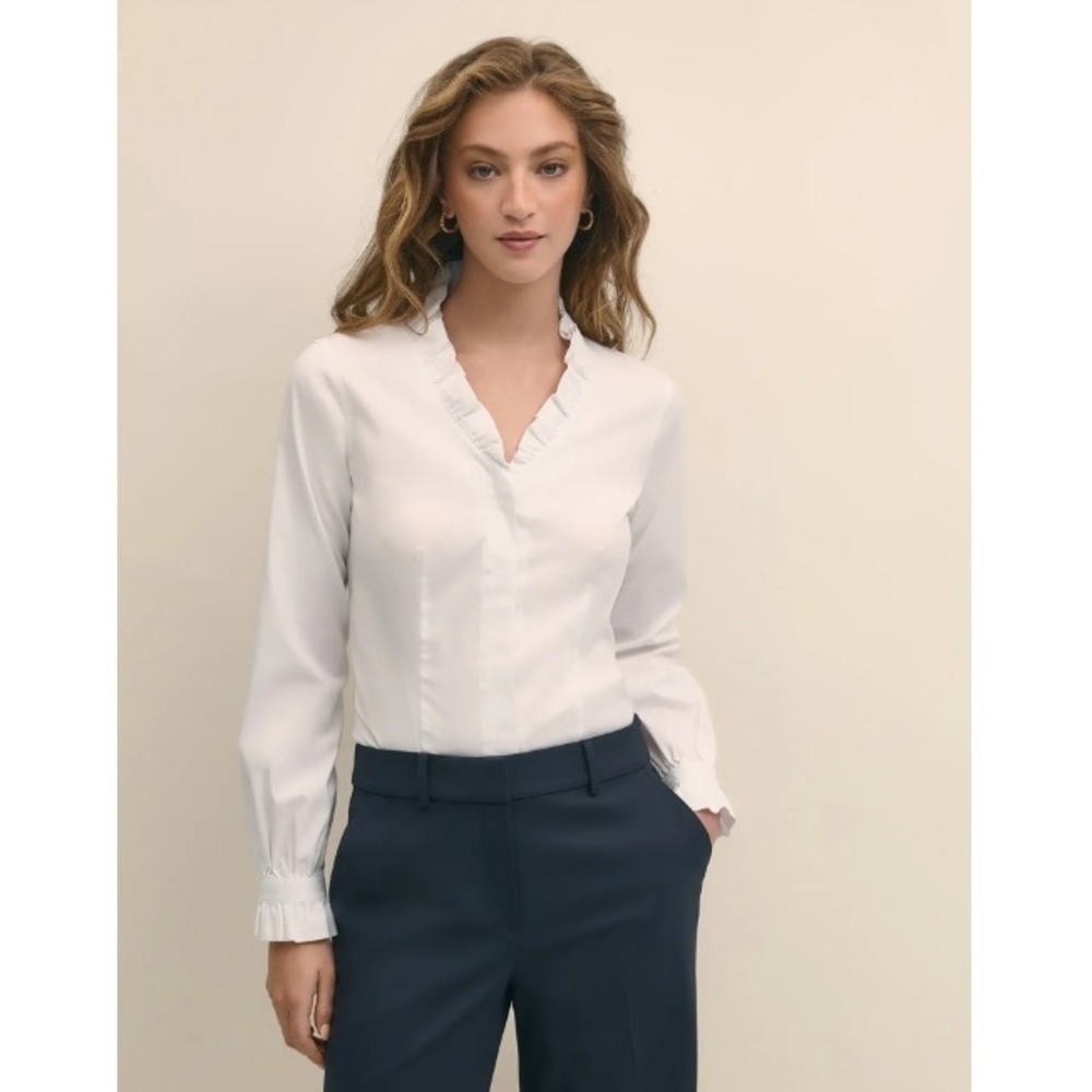 Brooks Brothers White Ruffle V-Neck Supima Cotton Non-Iron Shirt 2 NEW